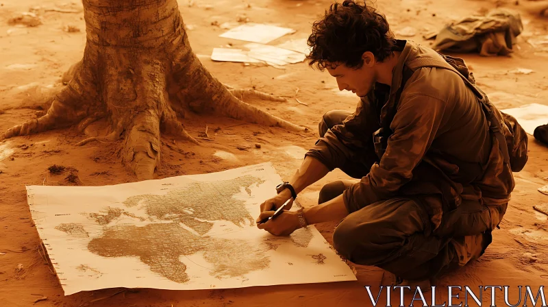 Traveler charting course on paper map