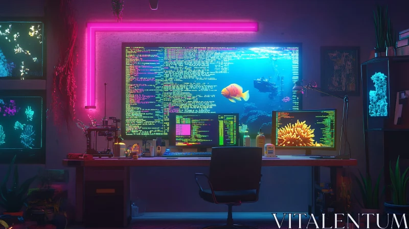 Workspace with Neon and Aquatic Ambiance AI Image