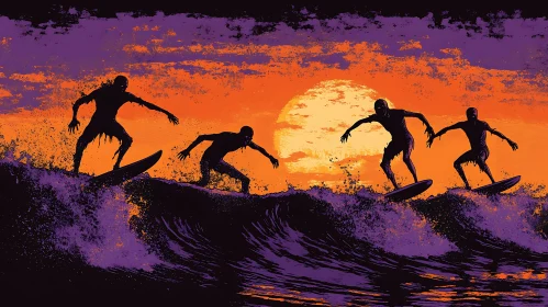 Silhouette Surfers Riding Waves at Sunset