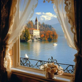 Autumn Lake Scene from Window
