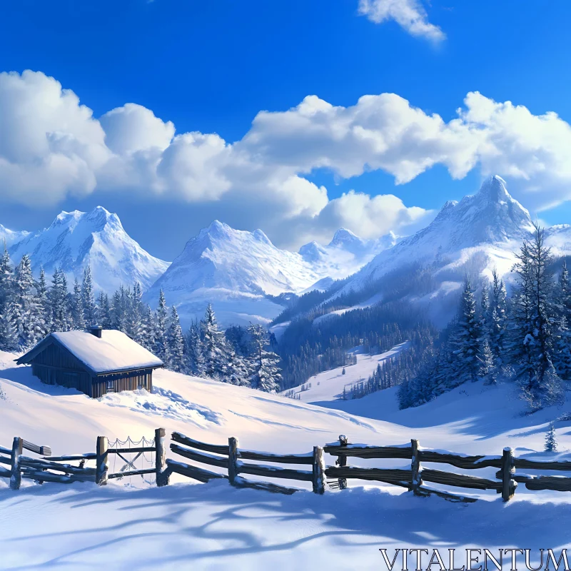Snowy Mountains and Cabin Retreat