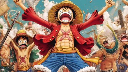 Action-Packed Anime Illustration with Celebratory Characters
