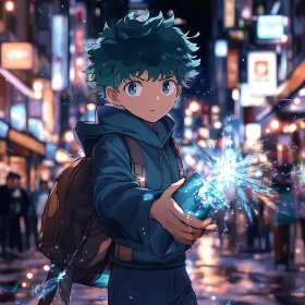 Anime Character in Lively Night Cityscape with Sparkling Device