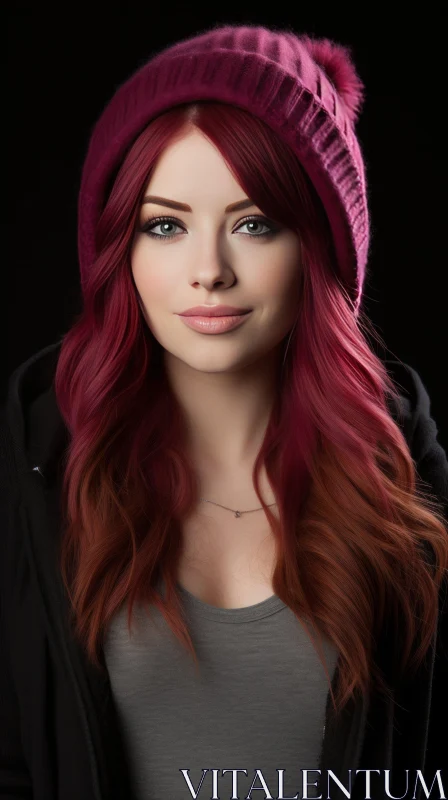 Captivating Red-Haired Girl in a Pink Hat | Vibrant Colors AI Image