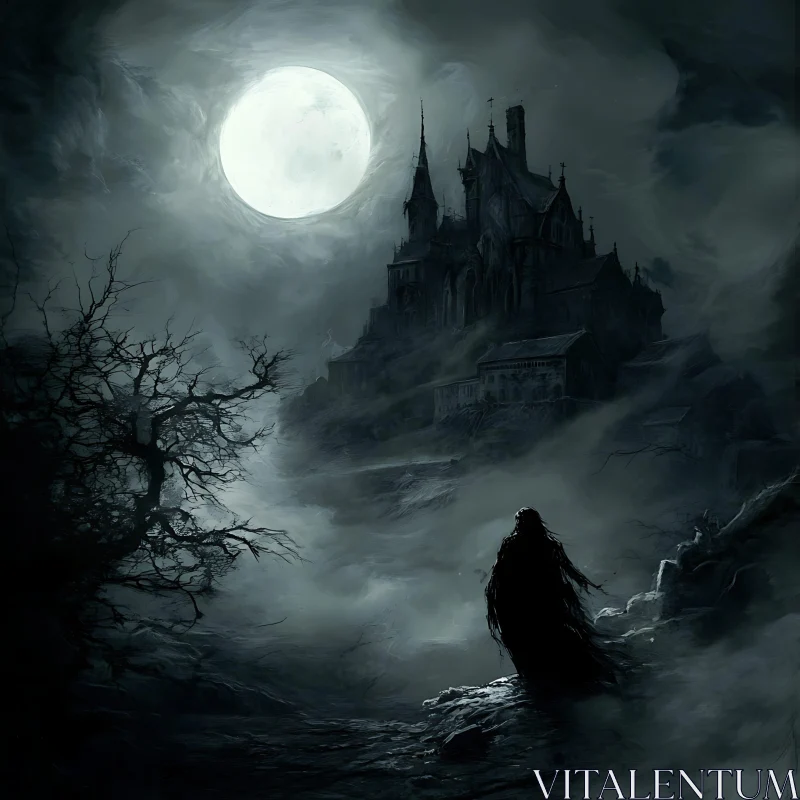 Moonlit Gothic Castle with Cloaked Figure AI Image