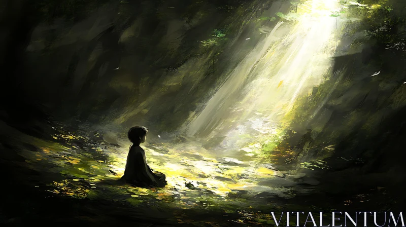 Child Meditating in Sunlight Forest AI Image