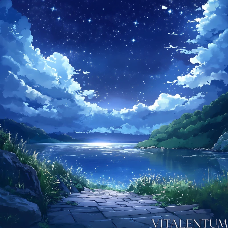 AI ART Serene Night by the Lake with Stars and Clouds