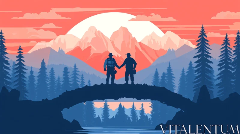 Scenic Mountain Landscape with Silhouetted Figures