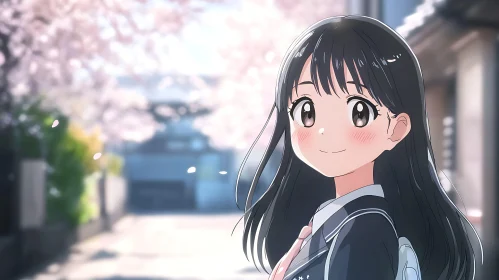 Anime Schoolgirl with Cherry Blossoms