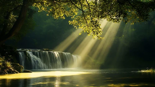 Sunlit Waterfall in Lush Green Forest