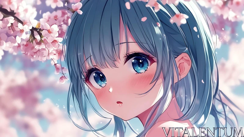 Blue-Haired Anime Girl with Cherry Blossoms