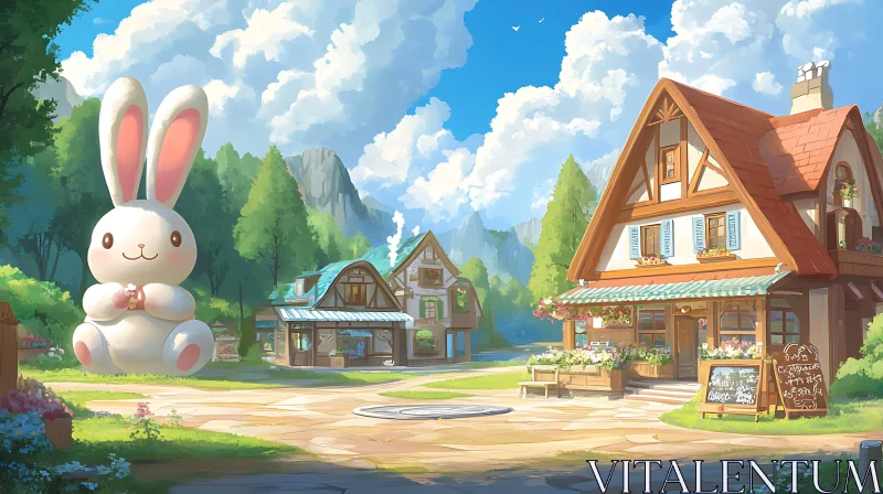 Whimsical Rabbit and Village Landscape