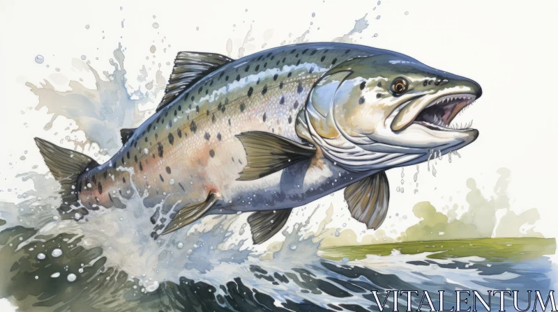 Detailed Watercolor Painting of a Fish Jumping Out of Water AI Image