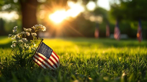 Patriotic Meadow Scene with American Flag