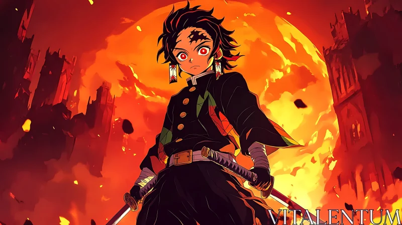 Fiery Anime Swordsman in Apocalyptic Scene AI Image