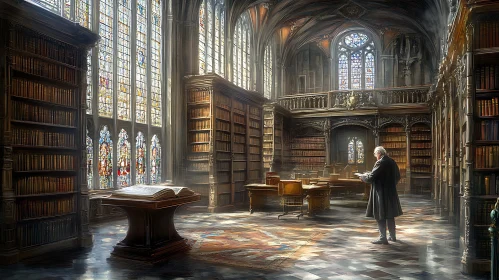 Grand Library Interior with Reader