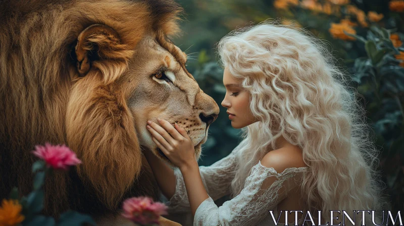 Gentle Encounter: Woman and Lion Portrait AI Image