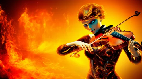 Fiery Melody: Futuristic Illustration of Violinist in Flames
