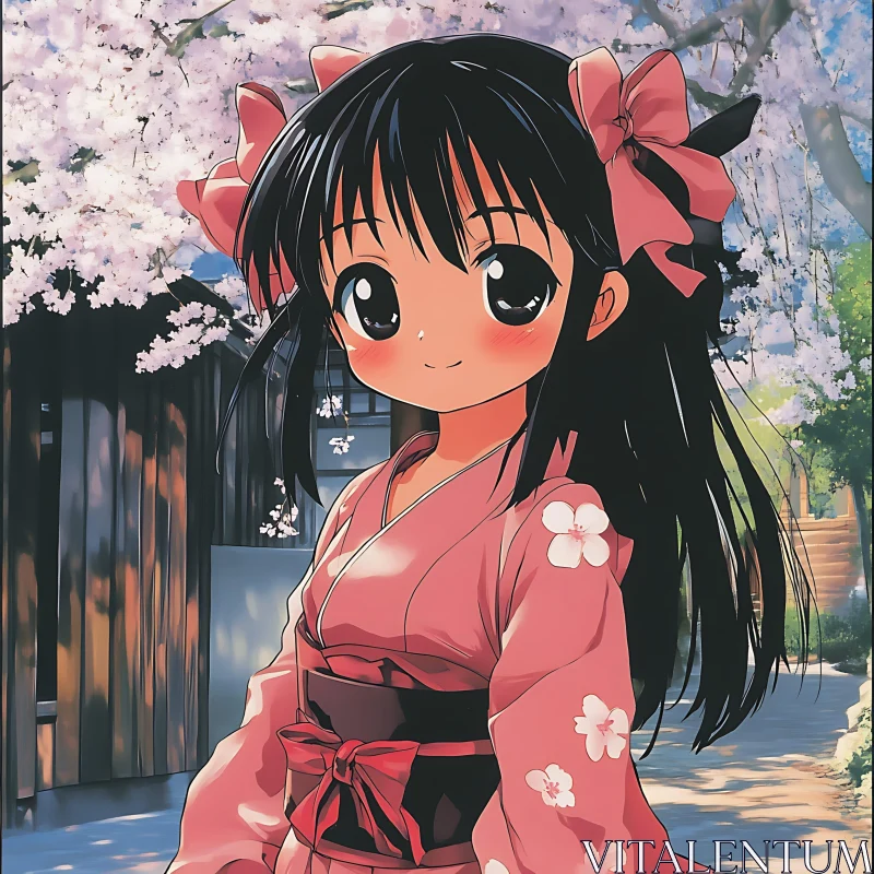 Cherry Blossom Season with Anime Girl in Kimono AI Image