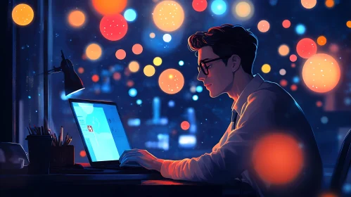 Man Working Late with City Lights