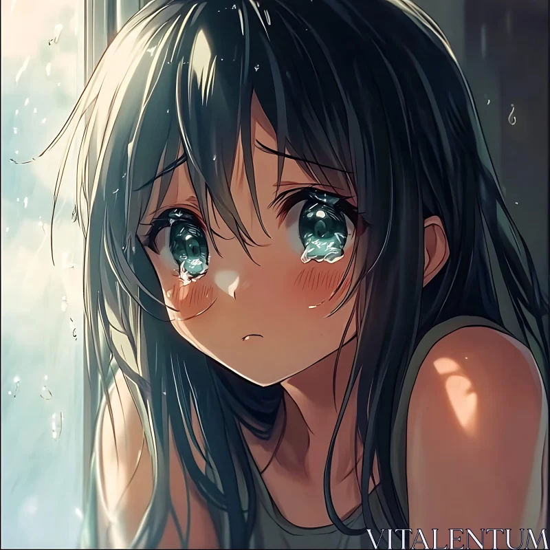 Emotional Anime Girl with Teal Eyes and Long Hair AI Image