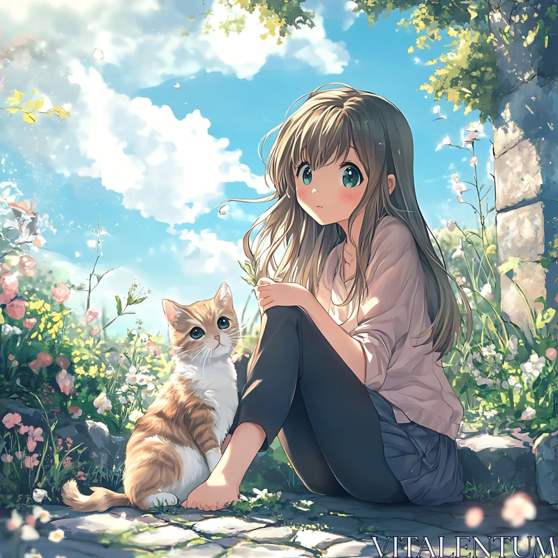 Charming Anime Scene with Girl and Cat AI Image