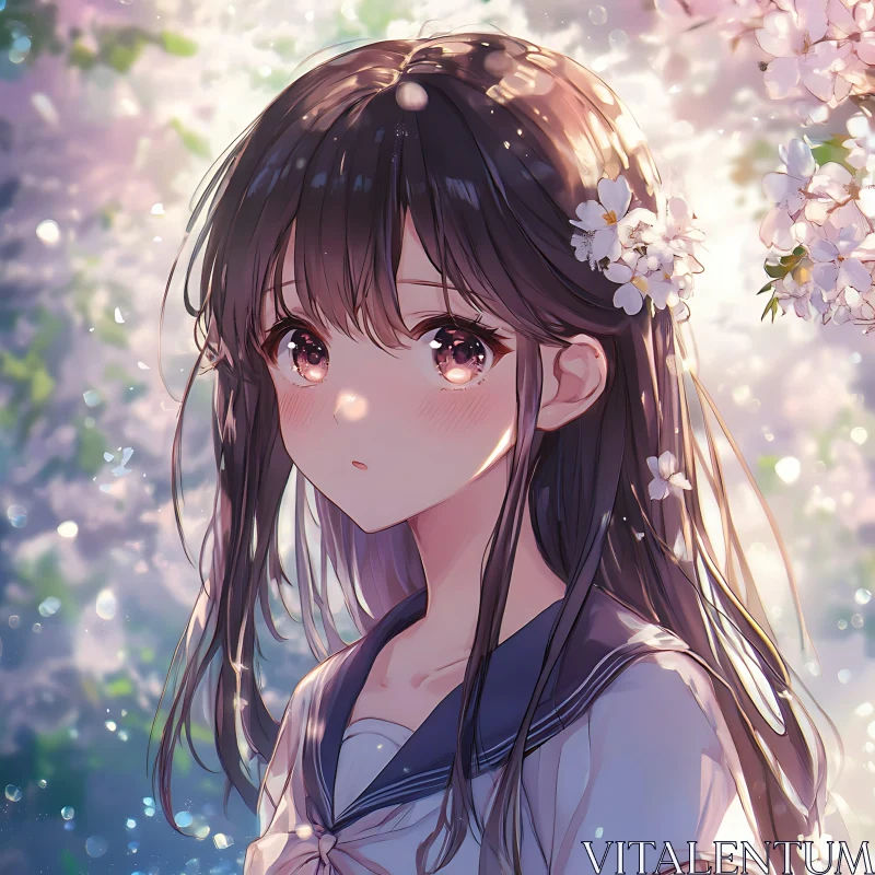 Floral Anime Portrait with Cherry Blossoms AI Image