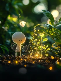 Magical Gardening Scene with Cartoon Character and Glowing Plants