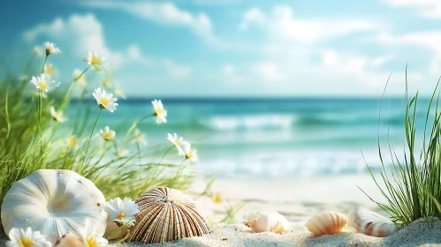 Coastal Serenity with Seashells and Flowers