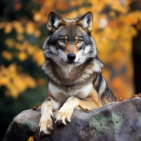 Wolf Resting on Rock in Autumn