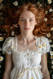 Peaceful Red-Haired Woman with Freckles Surrounded by Daisies