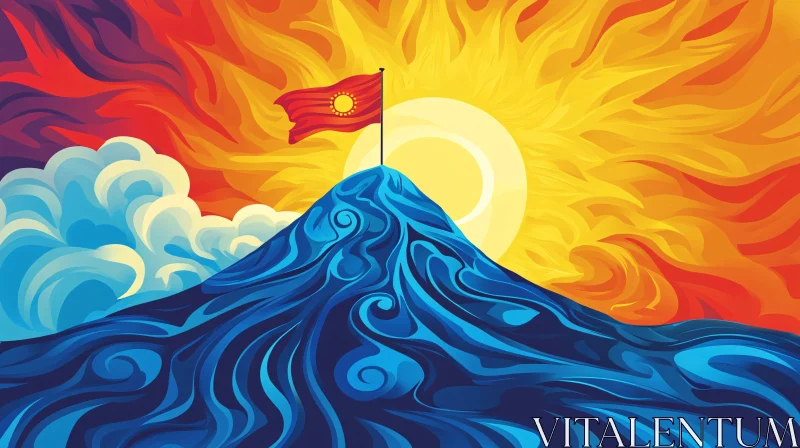 AI ART Mountain Flag Sunrise Vector Art