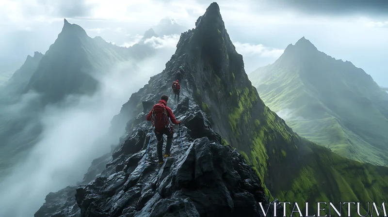 Hikers on a Rocky Mountain Ridge AI Image