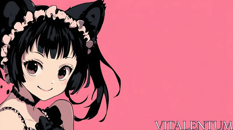 Anime Girl with Cat Ears and Pink Backdrop AI Image