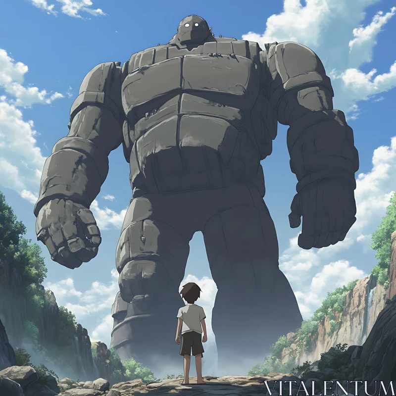 AI ART Anime Scene with Giant Robot and Child in Forest