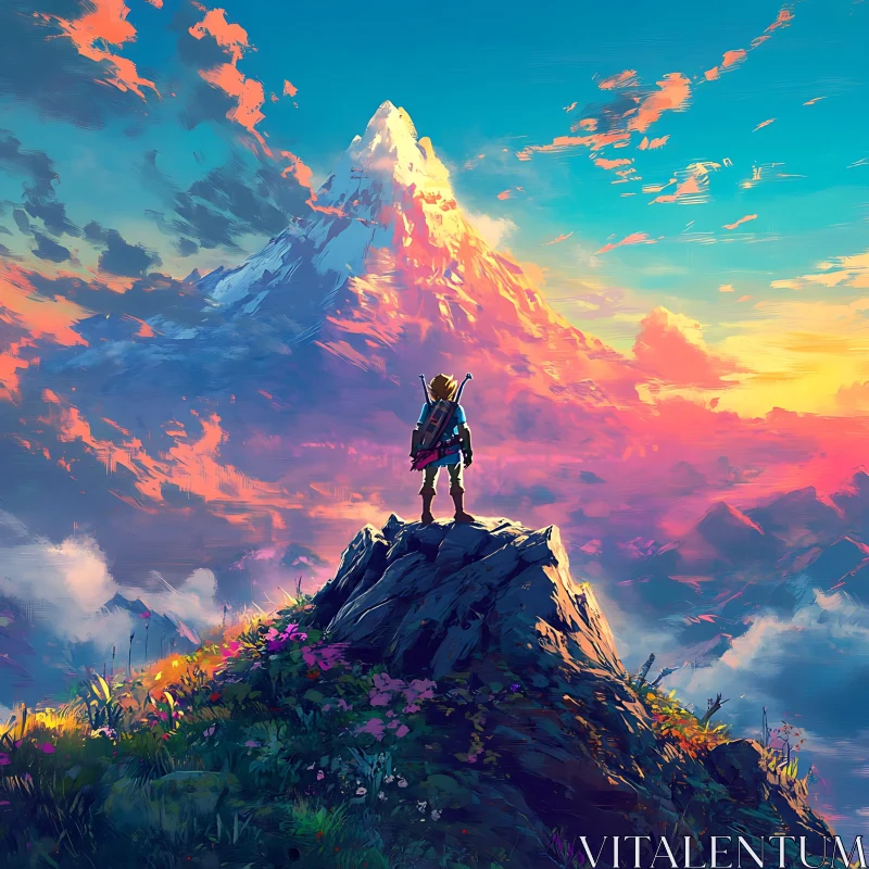 Lone Figure on Mountain Top Art AI Image