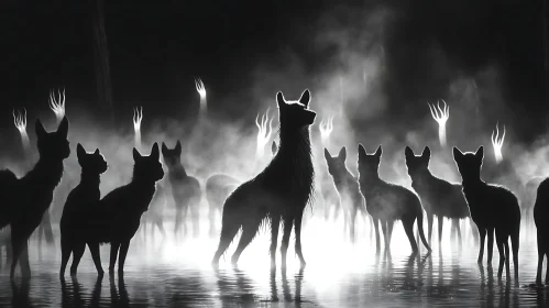 Monochrome Wolves in Foggy Landscape