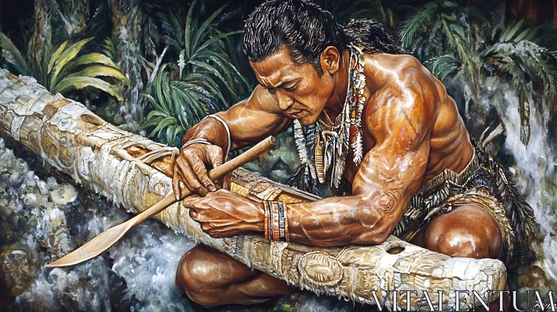 Indigenous Man Carving Canoe by River AI Image