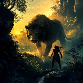 Warrior Confronts Lion in Jungle