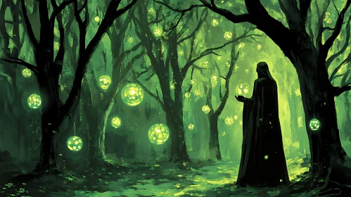 Mystic Forest with Cloaked Figure and Lights