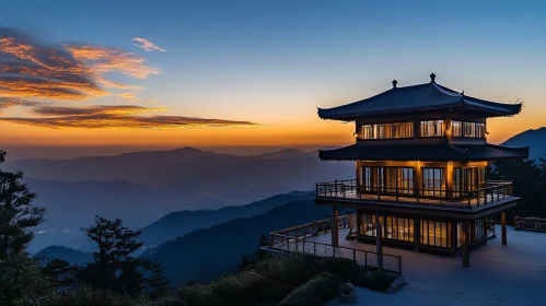 Elegant Pagoda Amidst Layered Mountain Sunset