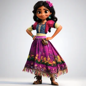 Animated Doll Portrait with Floral Dress