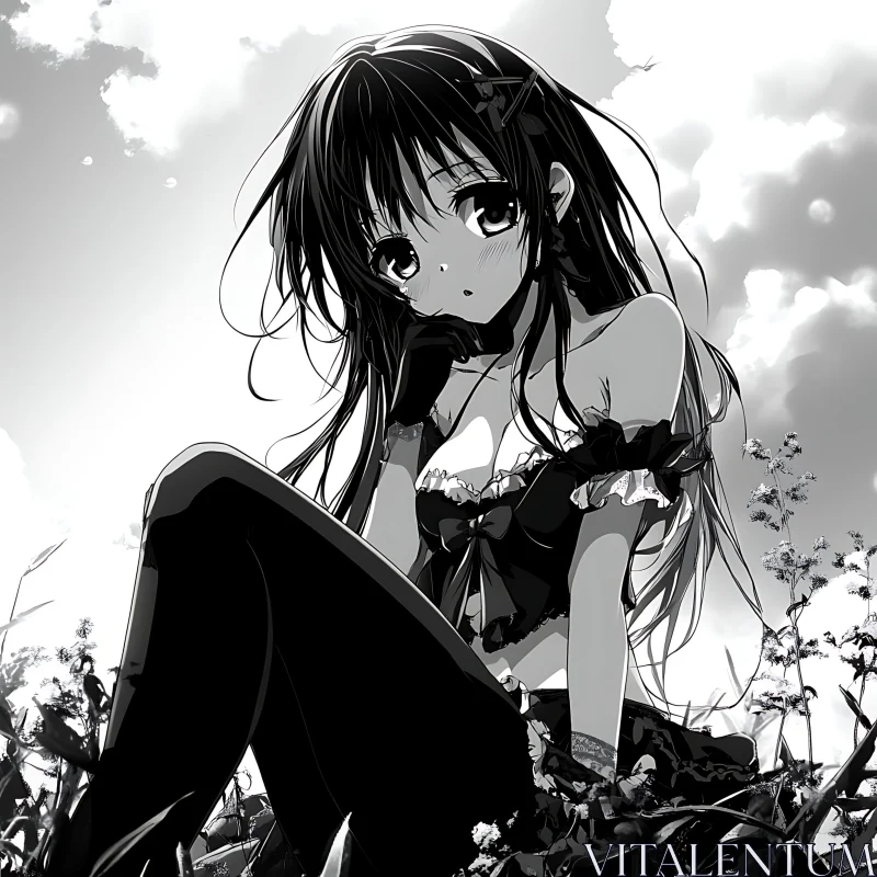 Contemplative Anime Girl Sitting in Flower Field AI Image