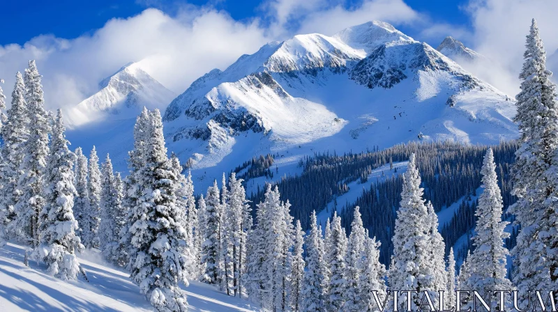 AI ART Winter Mountain Landscape with Snow-Covered Trees