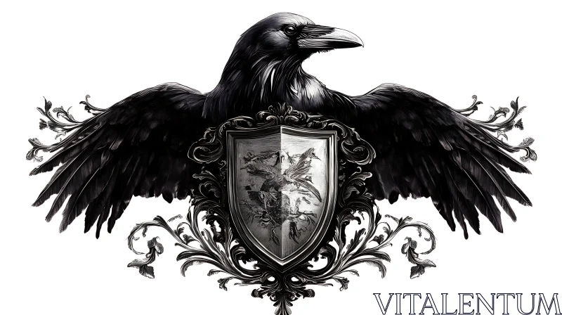 AI ART Monochrome Raven Above Shield Design