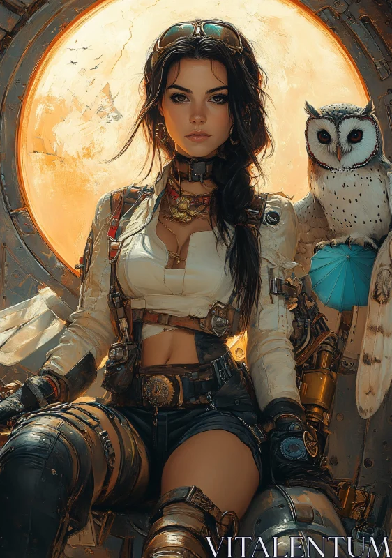 AI ART Female Steampunk Explorer and Owl