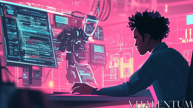 Cyberpunk Coder in Pink Tech Room AI Image