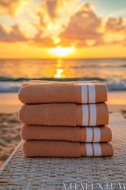 AI ART Sunset by the Ocean with Towels