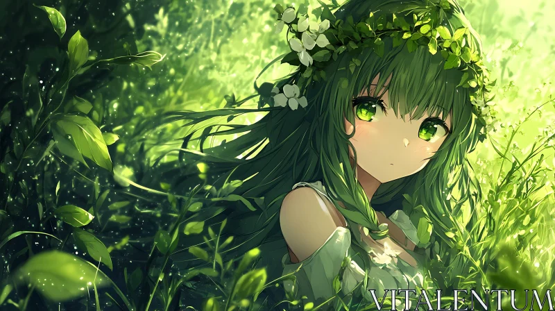 Serene Anime Girl amidst Green Nature AI Image