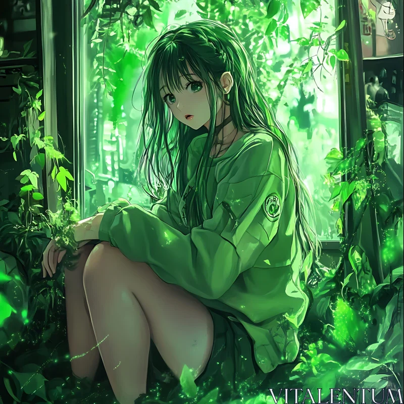 Mystical Anime Girl Among Glowing Greenery AI Image